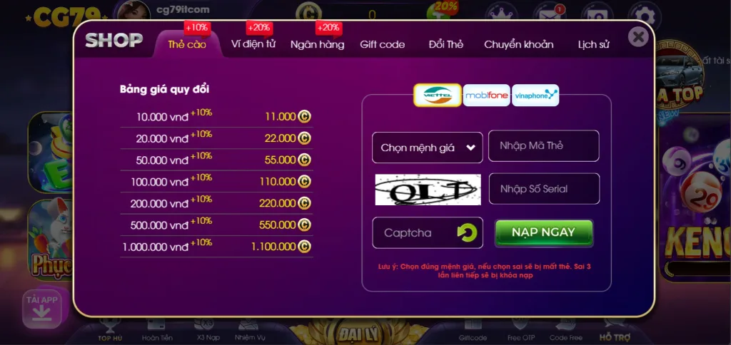 Nạp Tiền CG79 qua ví thẻ cảo